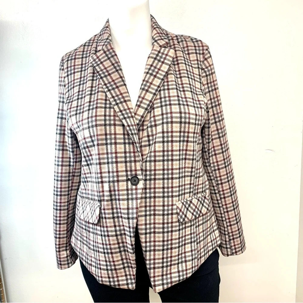 Torrid Plaid Knit Blazer Jacket Sz 1X Pink Pockets Stretch Lined Office Preppy